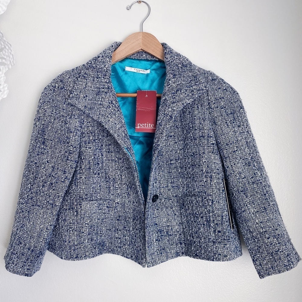 TAHARI Venetia Jacket Blue Boucle Tweed Cropped Blazer Quiet Luxury Old Money 6P - Picture 2 of 6